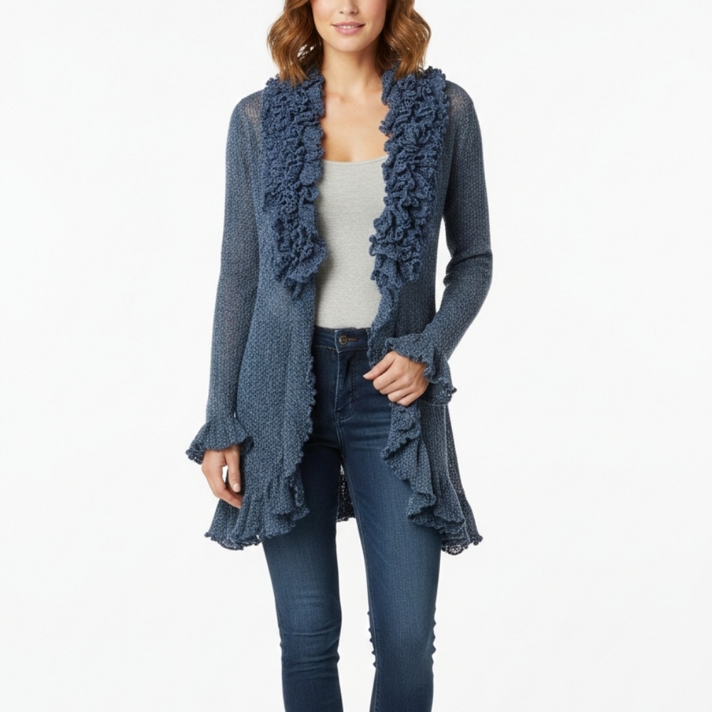 Baik Baik Honolulu Vintage Blue Ruffled Open Knit Cardigan One Size